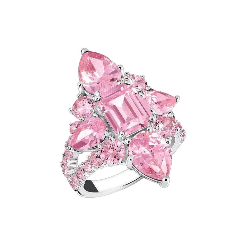 Thomas Sabo cocktail ring in recycled silver featuring sparkling pink zirconia stones in octagon, pear, and round cuts.