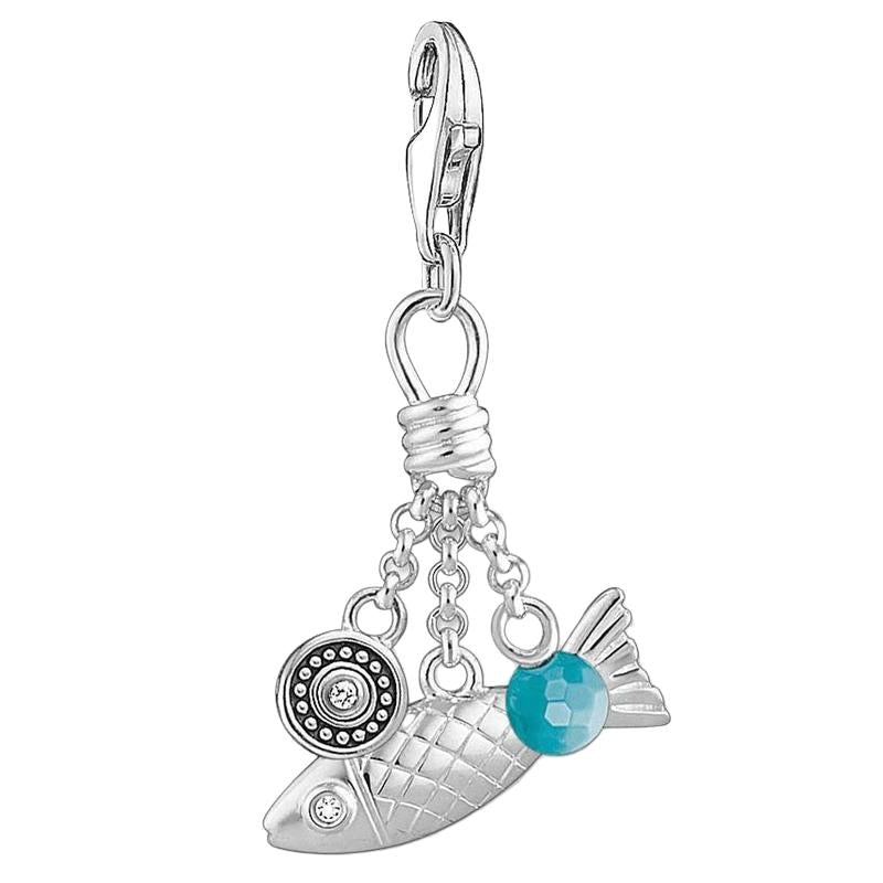 Thomas Sabo sterling silver fish charm featuring intricate scales, a turquoise stone bead, and a decorative circular accent.