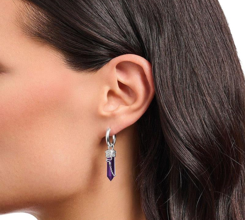 Thomas Sabo Silver Hoop Earrings with Imitation Amethysts and Delicate Chain