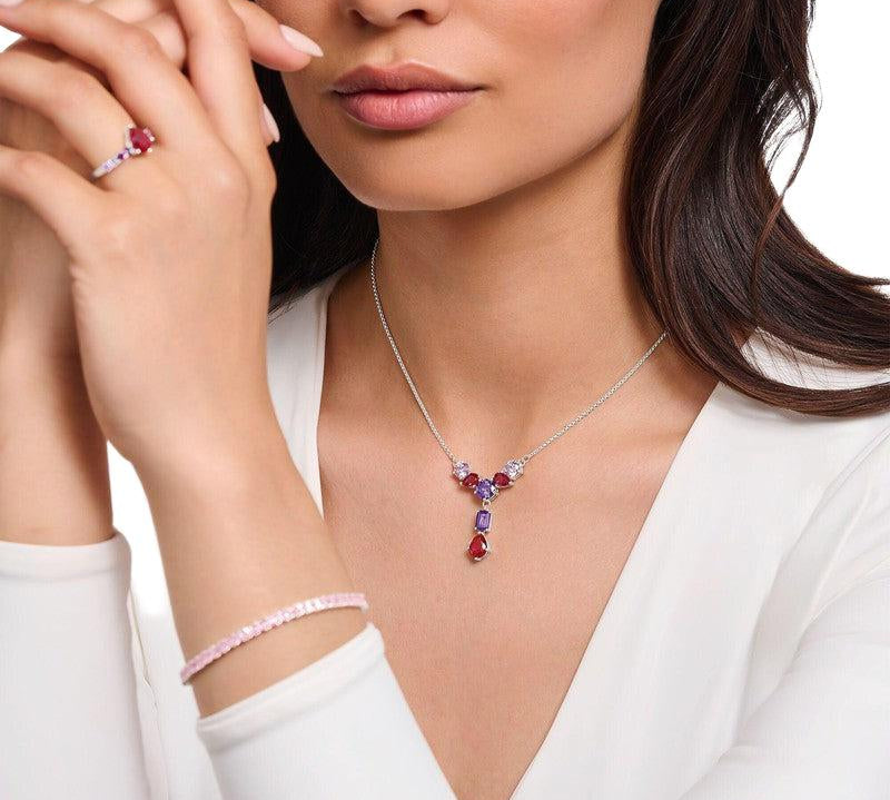 Thomas Sabo Silver Necklace in Y-shape with Pink, Red and Violet Zirconia