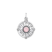 Thomas Sabo silver pendant featuring a pink enamel center, cosmic symbols, and Follow Your Heart engraving.