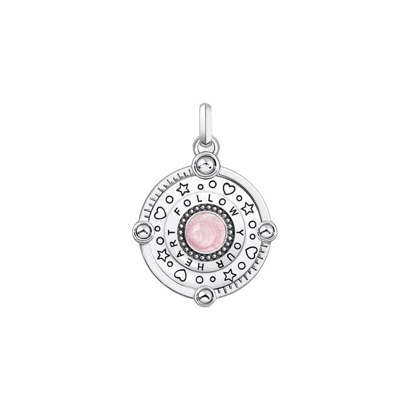 Thomas Sabo silver pendant featuring a pink enamel center, cosmic symbols, and Follow Your Heart engraving.