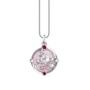 Thomas Sabo silver pendant with pink enamel, cosmic heart and planet motifs, and sparkling colorful zirconia stones.