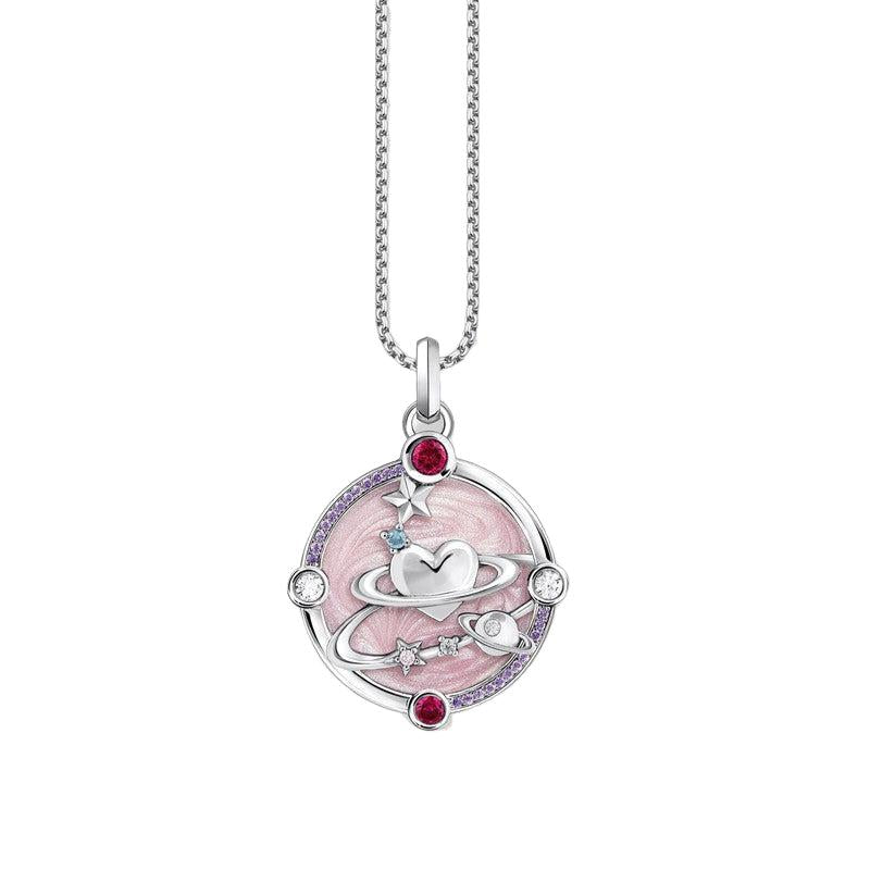 Thomas Sabo silver pendant with pink enamel, cosmic heart and planet motifs, and sparkling colorful zirconia stones.