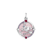 Thomas Sabo silver pendant featuring pink enamel, cosmic heart and planet motifs, and sparkling colorful zirconia stones.