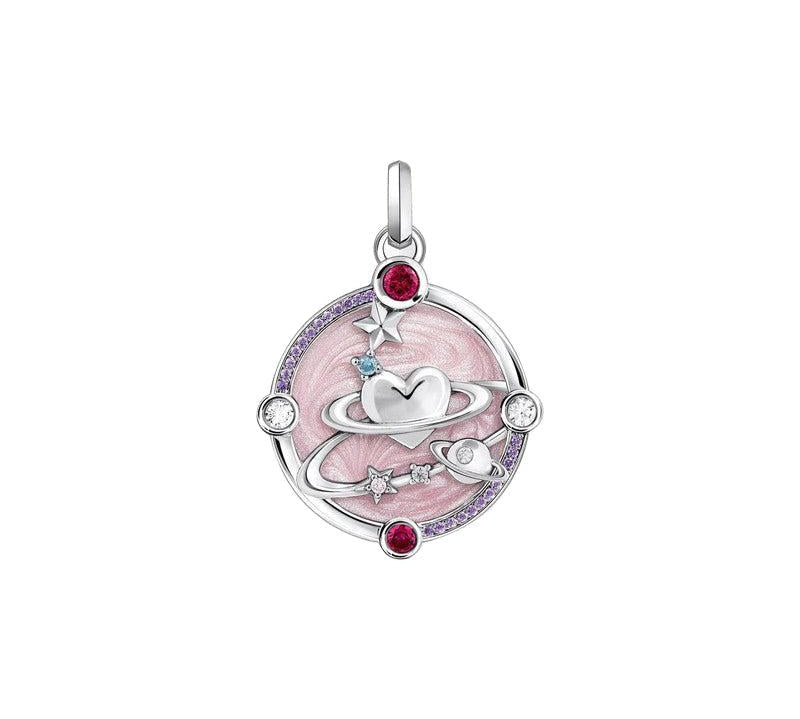 Thomas Sabo silver pendant featuring pink enamel, cosmic heart and planet motifs, and sparkling colorful zirconia stones.