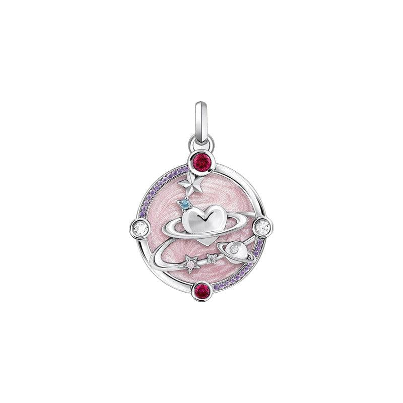 Thomas Sabo silver pendant featuring pink enamel, cosmic heart and planet motifs, and sparkling colorful zirconia stones.