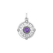 Thomas Sabo sterling silver pendant featuring violet cold enamel, cosmic star motifs, and BELIEVE IN YOUR LUCK engraving.