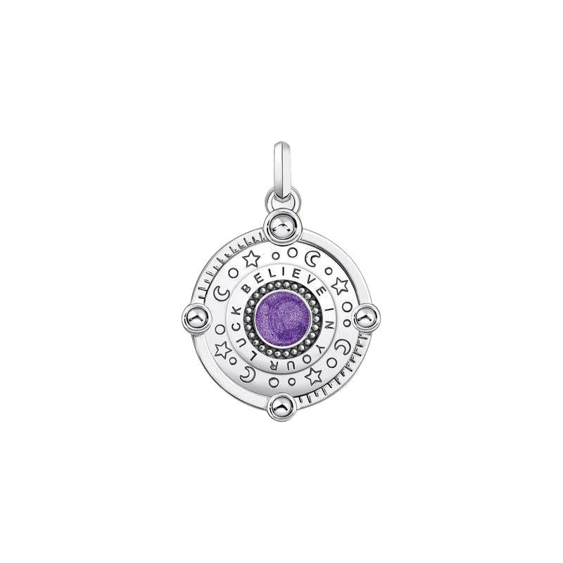 Thomas Sabo sterling silver pendant featuring violet cold enamel, cosmic star motifs, and BELIEVE IN YOUR LUCK engraving.