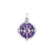 Thomas Sabo sterling silver pendant featuring a violet enamel eye, cosmic star motifs, and sparkling colorful zirconia stones.