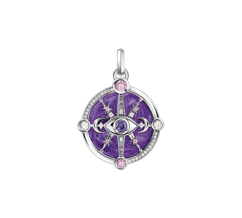 Thomas Sabo sterling silver pendant featuring a violet enamel eye, cosmic star motifs, and sparkling colorful zirconia stones.