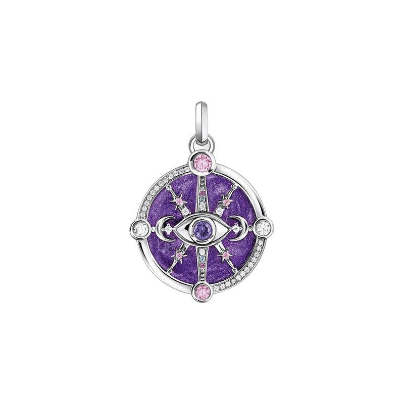 Thomas Sabo sterling silver pendant featuring a violet enamel eye, cosmic star motifs, and sparkling colorful zirconia stones.