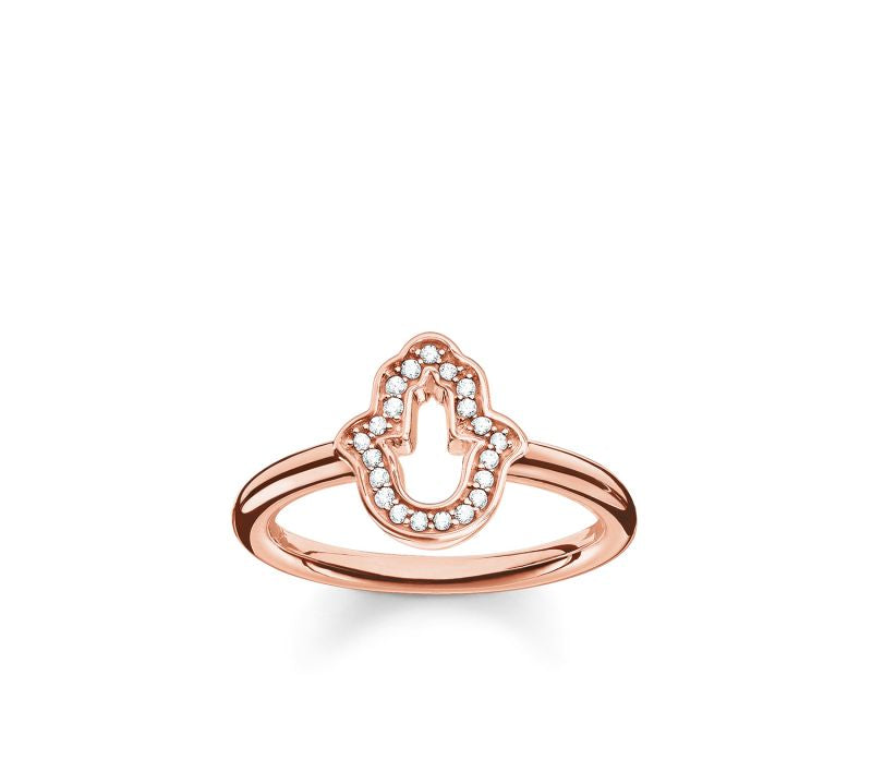 Thomas Sabo Silver Rose Gold Plated Cubic Zirconia Hamsa Hand Ring