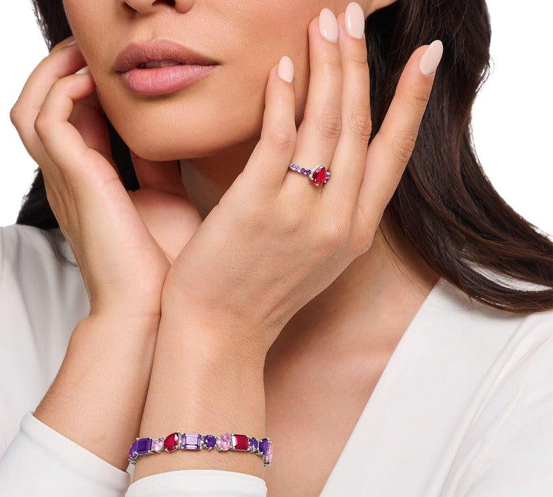 Thomas Sabo Silver Solitaire Ring with Red and Violet Stones