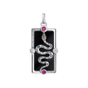 Thomas Sabo rectangular silver pendant featuring a 3D snake, black enamel, and colorful zirconia stones.