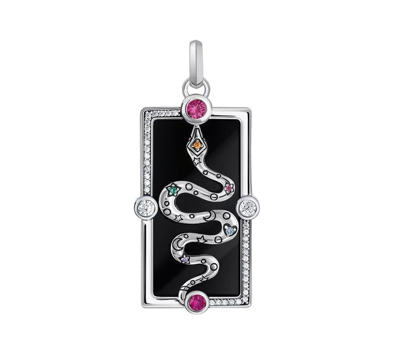 Thomas Sabo rectangular silver pendant featuring a 3D snake, black enamel, and colorful zirconia stones.