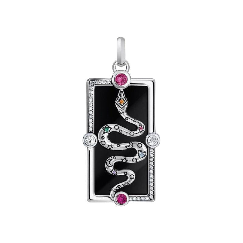 Thomas Sabo rectangular silver pendant featuring a 3D snake, black enamel, and colorful zirconia stones.