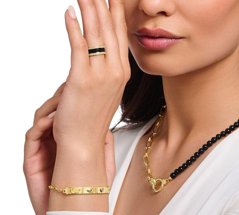 Thomas Sabo Yellow-Gold plated Band Ring with Black cold Enamel and Zirconia