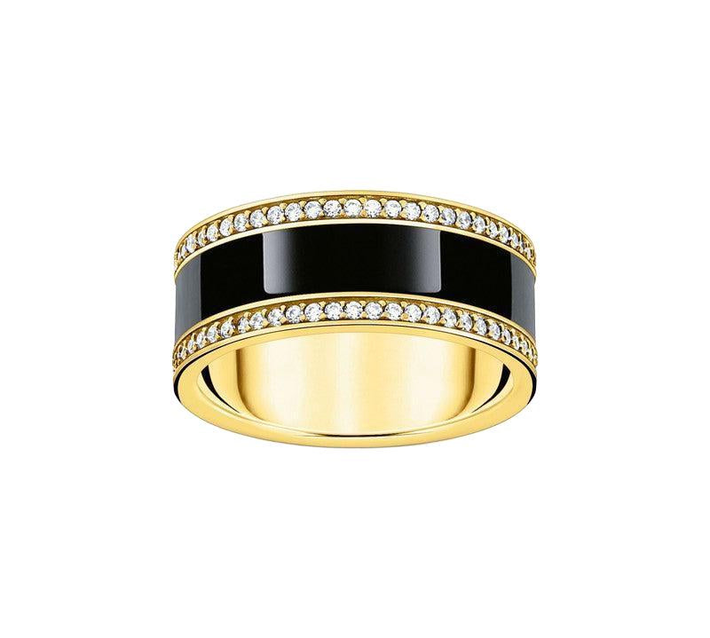 Thomas Sabo Yellow-Gold plated Band Ring with Black cold Enamel and Zirconia