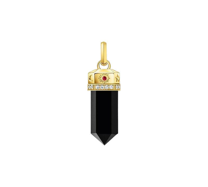 Thomas Sabo hexagon onyx pendant in 18k yellow-gold plated silver with cosmic engravings and sparkling zirconia stones.
