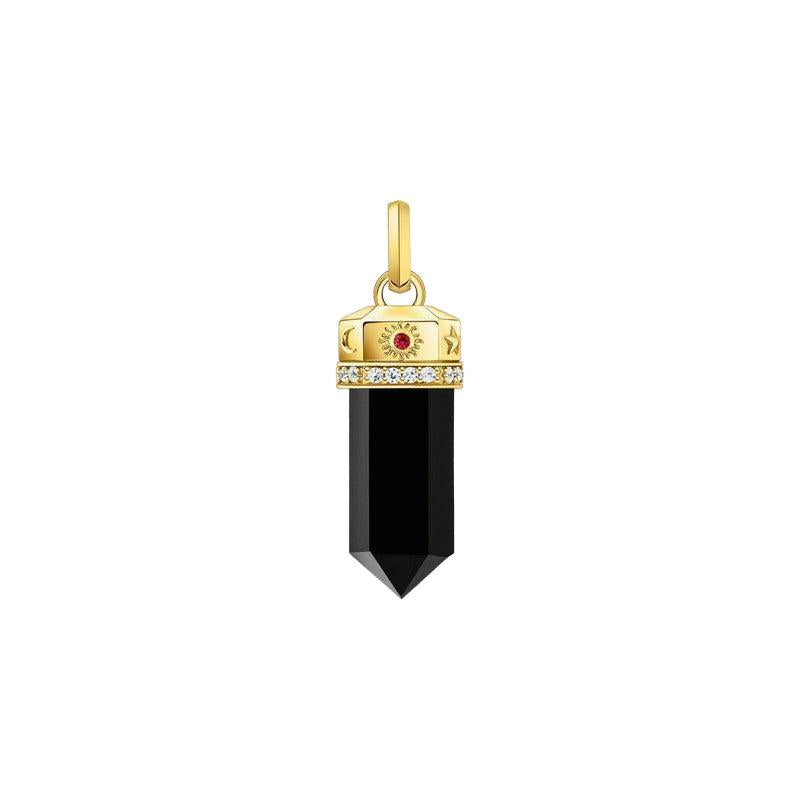 Thomas Sabo hexagon onyx pendant in 18k yellow-gold plated silver with cosmic engravings and sparkling zirconia stones.