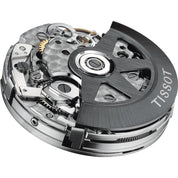Detailed view of the Swiss Tissot VALJOUX A05.H31 automatic chronograph movement with a black branded rotor.