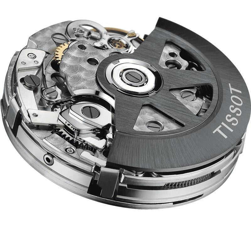 Intricate Swiss Tissot VALJOUX A05.H31 automatic chronograph movement with a black branded rotor.