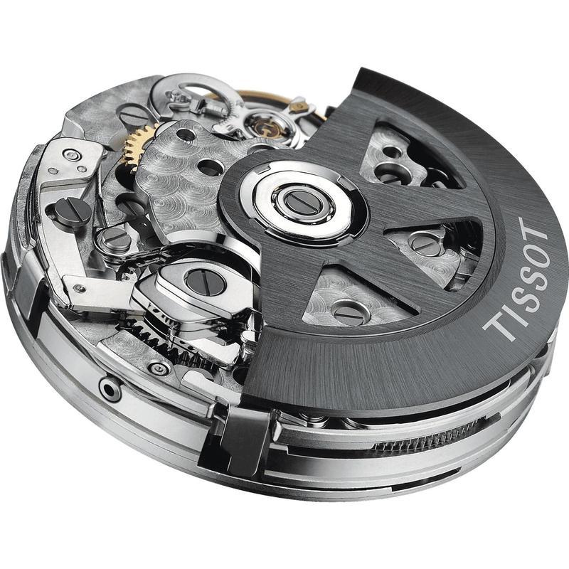 Detailed view of the Swiss Tissot VALJOUX A05.H31 automatic chronograph movement with a black branded rotor.
