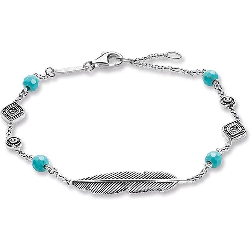147,764,617,195.00-Women's Bracelet Feather 925 Sterling Silver Blackened Zirconia White Turquoise-Bella-Luna