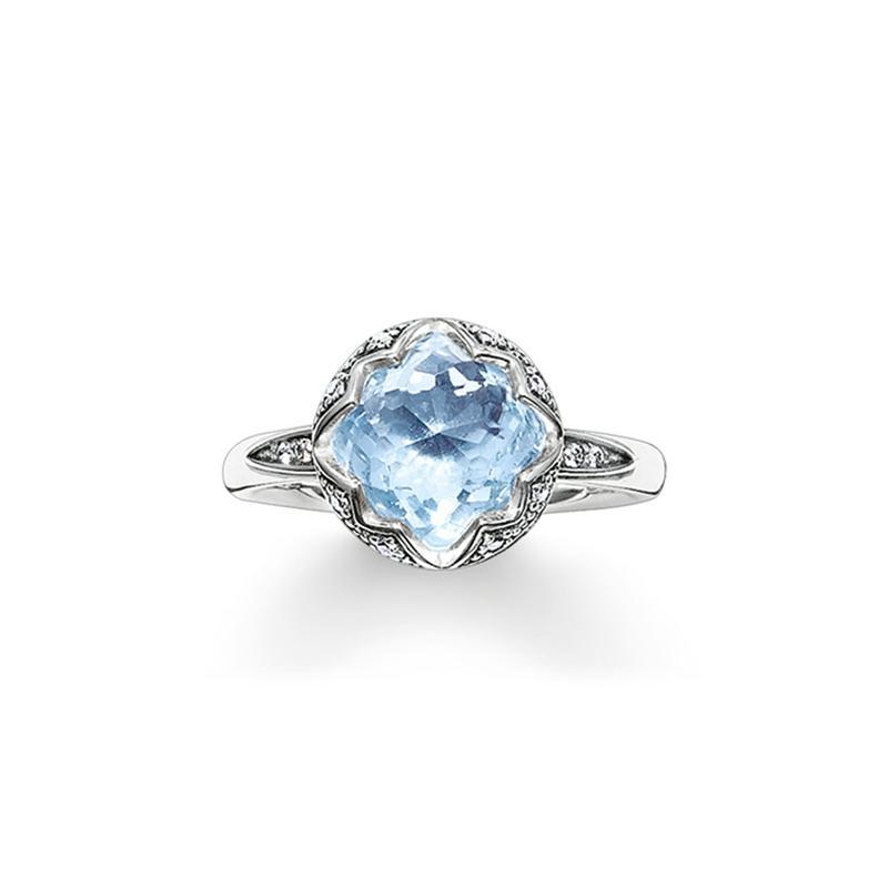 TR2028-644-1-52-Round Blue Cubic Zirconia Lotus Ring-Bella-Luna