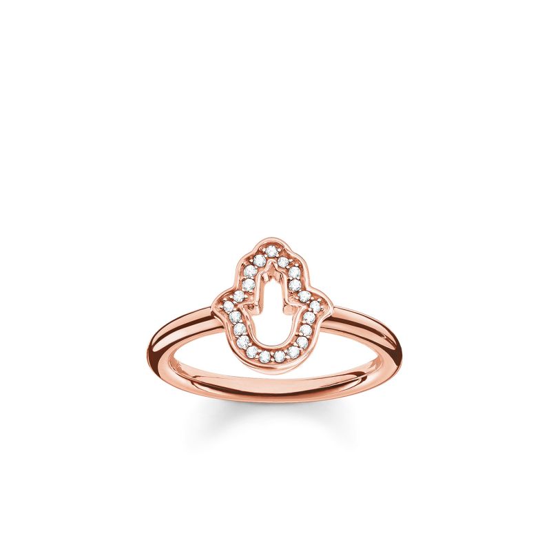 TR2076-416-14-54-Silver Rose Gold Plated Cubic Zirconia Hamsa Hand Ring-Bella-Luna